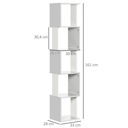 HOMCOM Estante de Livros em Forma de S Estante com 5 Prateleiras Abertas para Sala de Estar Escritório Estúdio Anti-Tombo Carga Máxima 100kg 33x28x161cm Branco e Cinza Claro