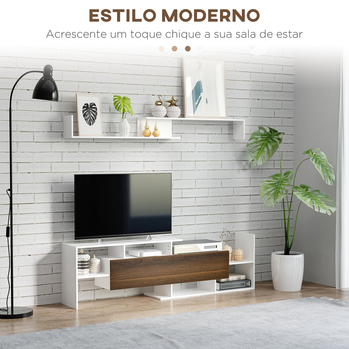 Móvel de TV Moderno Móvel de Sala de Estar para Televisores 153,6x25x42 cm e Prateleira de Parede 150x14,5x16,3 cm Branco e Marrom