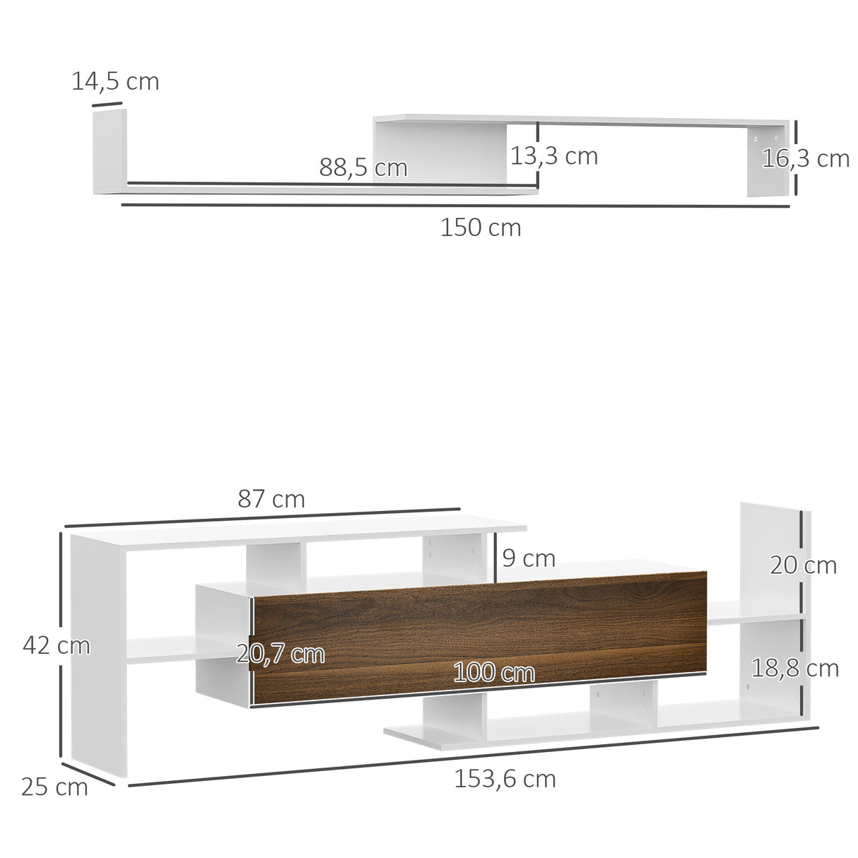 Móvel de TV Moderno Móvel de Sala de Estar para Televisores 153,6x25x42 cm e Prateleira de Parede 150x14,5x16,3 cm Branco e Marrom