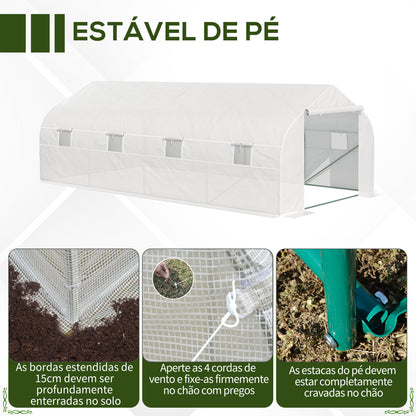 Outsunny Estufa Tipo Túnel de Jardim 600x300x200cm para Cultivo de Plantas Verduras com 8 Janelas e Porta Enroláveis com Zíper Aço Branco