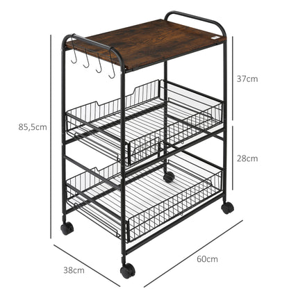 HOMCOM Carrinho de Cozinha com Rodas Carrinho Auxiliar de 3 Níveis com 2 Cestas e 4 Ganchos para Cozinha Sala de Jantar 60x38x85,5 cm Castanho Rústico