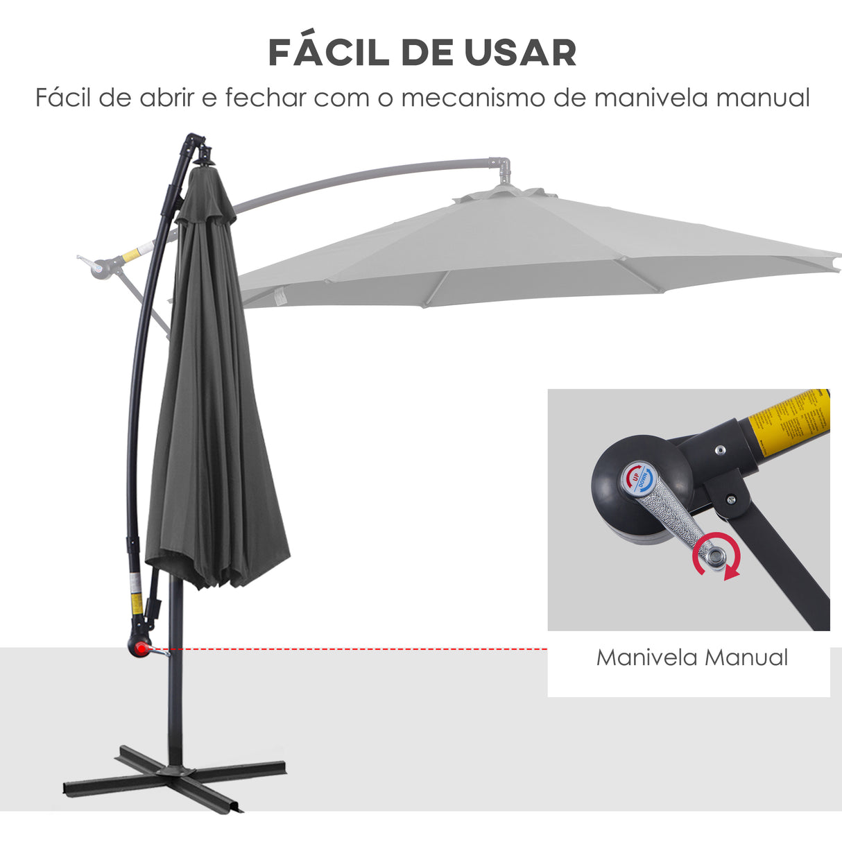 Outsunny Chapéu de Sol de Jardim Ø300x250cm Chapéu de Sol Excêntrico Inclinável com Manivela Base Cruzada Suporte de Aço e Proteção Solar para Terraço Exterior Cinza