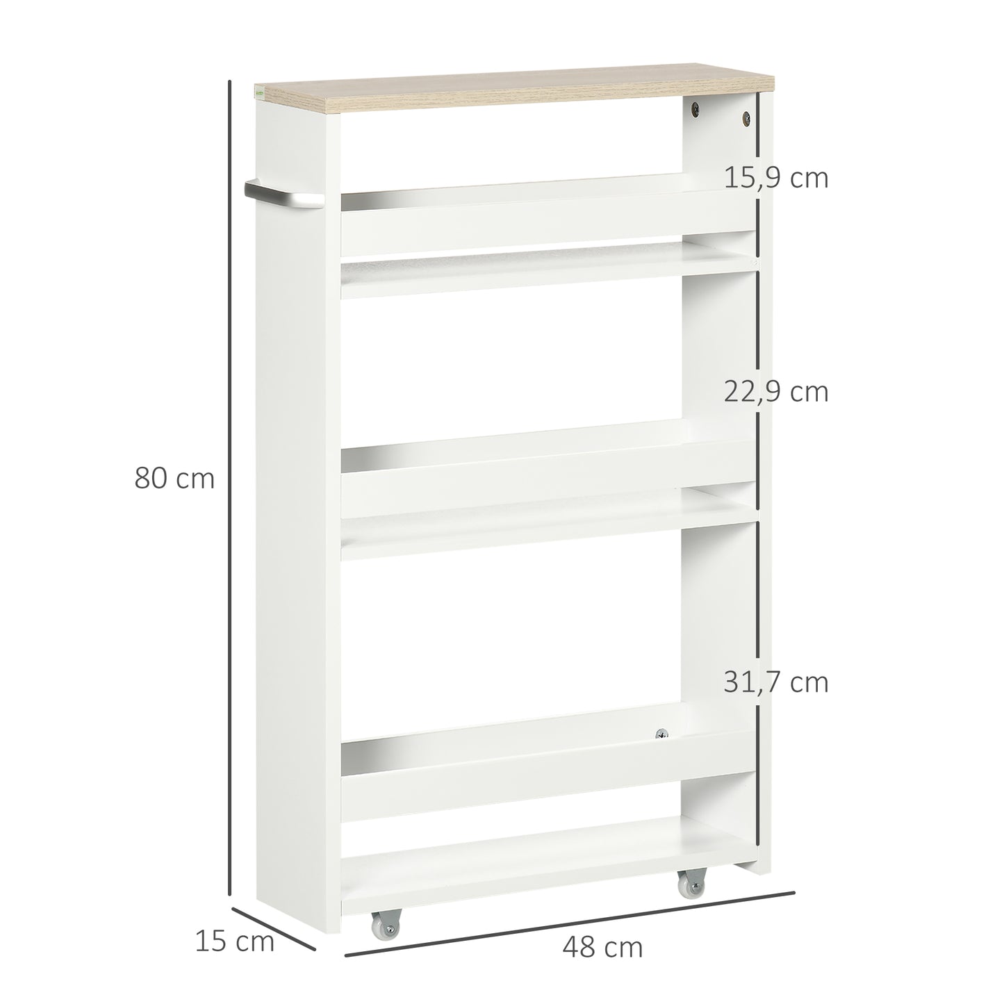 kleankin Estante de Armazenamento para Casa de Banho de 3 Níveis Estante Estreita com Alça Lateral Estante com Rodas para Cozinha Sala de Estar Estilo Moderno 48x15x80cm Branco