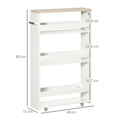 kleankin Estante de Armazenamento para Casa de Banho de 3 Níveis Estante Estreita com Alça Lateral Estante com Rodas para Cozinha Sala de Estar Estilo Moderno 48x15x80cm Branco