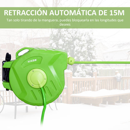 Outsunny Carretel para Mangueira 15m+1,5m Enrolador de Mangueira Montado na Parede Enrolador Automático 180º Giratório 47,5x15,5x35,5cm Verde