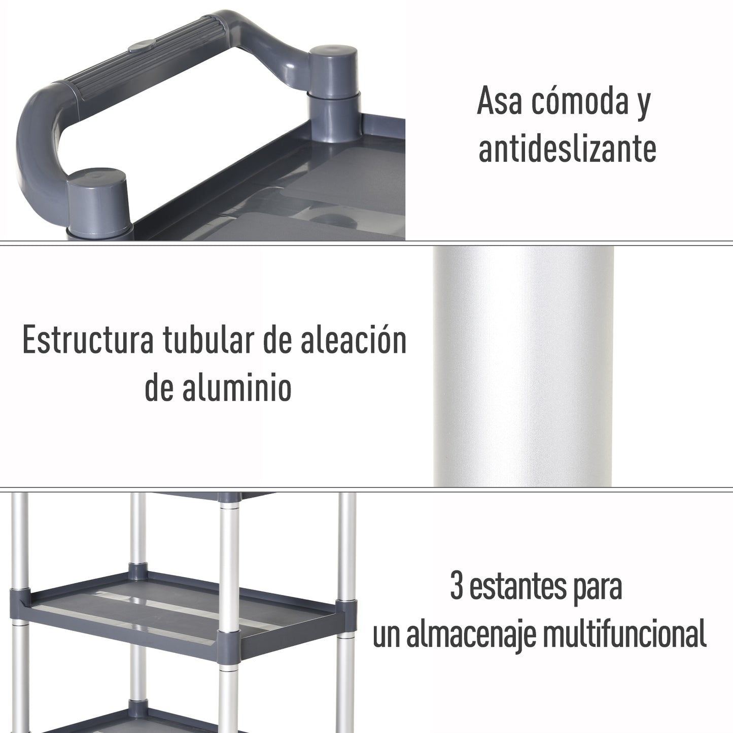 HOMCOM Carrinho de armazenamento multiuso 3 níveis carrinho de cozinha restaurante do hotel 4 rodas universais liga de alumínio carga total 300 kg 88x44x93 cm cinza