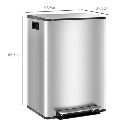 HOMCOM Balde de Lixo de Cozinha com 2 Compartimentos 2x30L Cubo de Lixo de Aço Inoxidável com Pedal Fechamento Suave e Cubo Amovível para Escritório Cozinha Prata