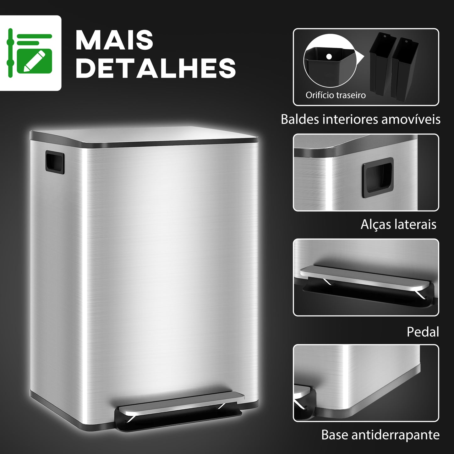 HOMCOM Balde de Lixo de Cozinha com 2 Compartimentos 2x30L Cubo de Lixo de Aço Inoxidável com Pedal Fechamento Suave e Cubo Amovível para Escritório Cozinha Prata