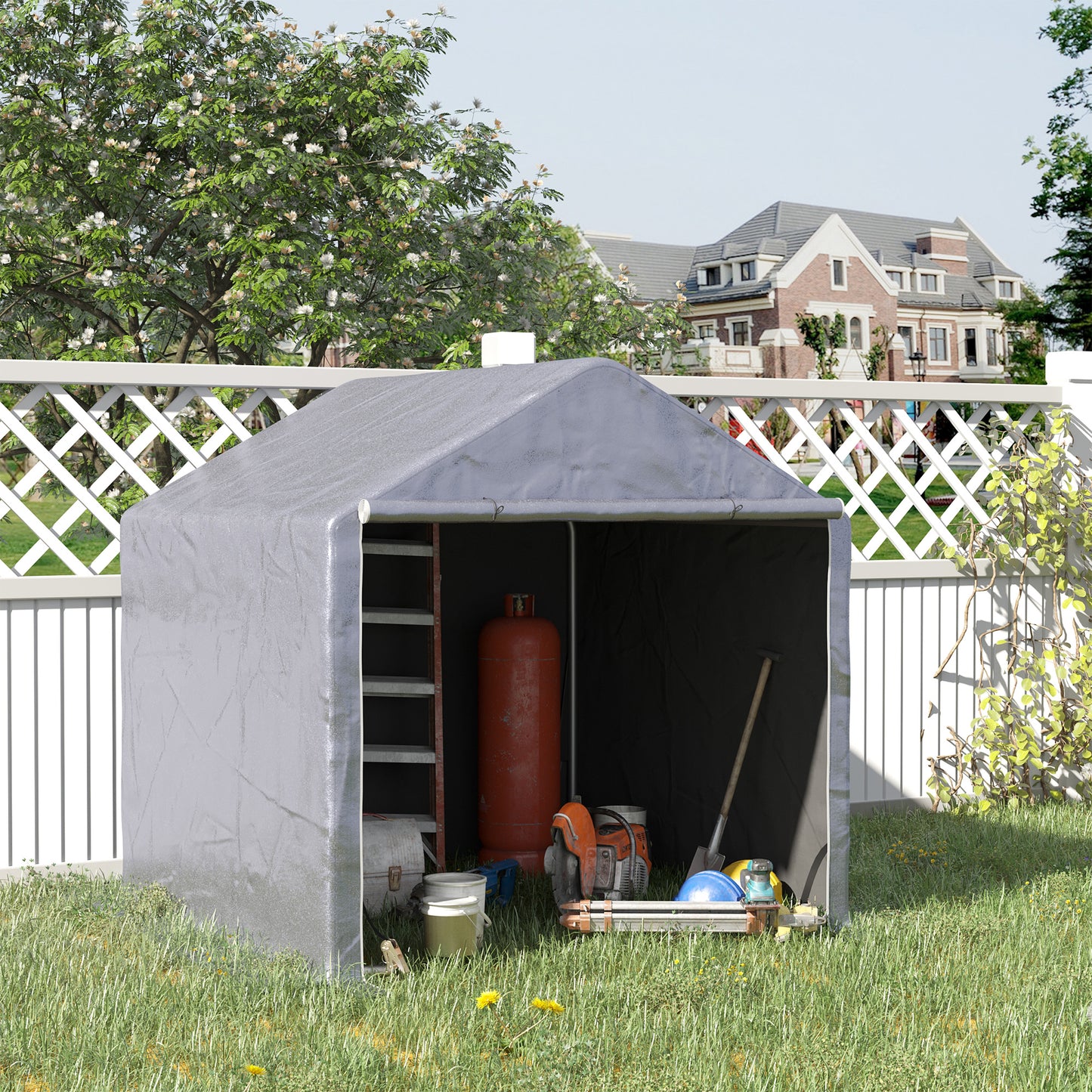 Outsunny Tenda para Ferramentas Bicicletas e Motas 2x2x2 m Garagem Portátil com 1 Porta com Fecho de Correr 1 Cobertura de PE Impermeável Anti-UV e Estrutura de Aço Cinza