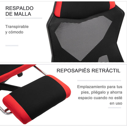 Vinsetto Cadeira de escritório ergonômica ajustável em altura giratória de 360 ° Reclinável até 135 graus comapoio de braços Apoio para os pés retrátil 58x72x108-118 cm Vermelho