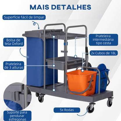 HOMCOM Carro de Limpeza Professional com Escorredor de Alavanca com 3 Prateleiras e 2 Baldes de 18L Bolsa com Tampa Rodas 111x63,3x103cm Cinza Azul e Laranja