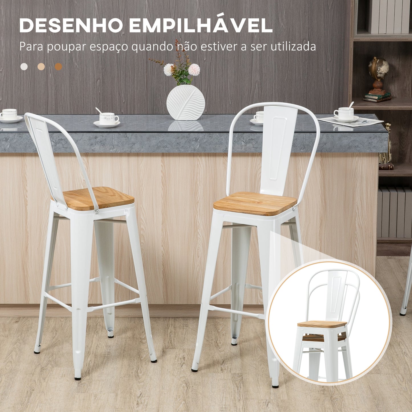 HOMCOM Conjunto de 4 Bancos Altos de Cozinha Empilháveis com Encosto Alto Bancos de Bar com Apoio para os Pés Assento de Madeira e Estrutura de Aço Carga 120 kg 44x53x116 cm Branco