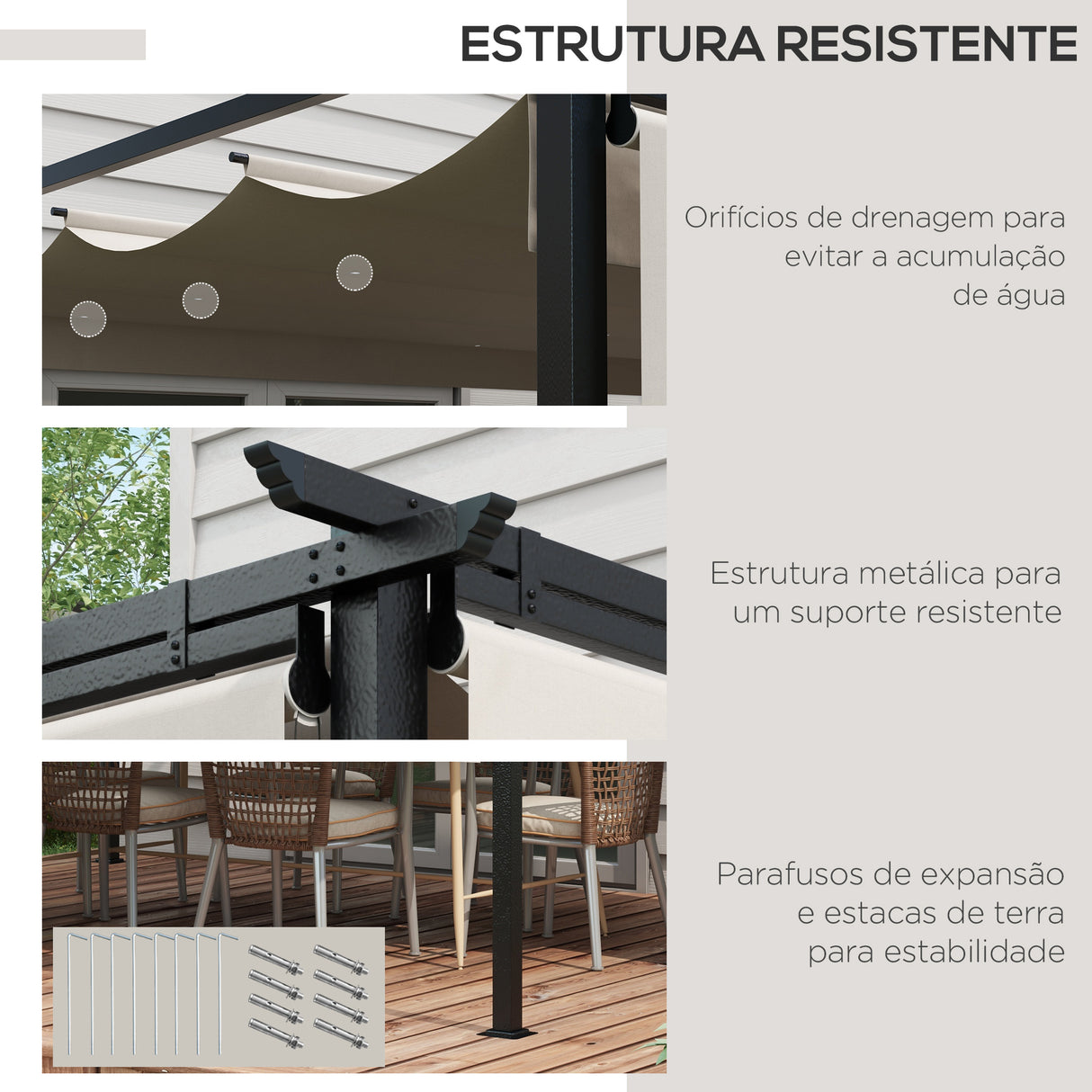 Outsunny Pérgola de Jardim 3,95x2,95 cm Pérgola para Exterior com Teto Retrátil 4 Cortinas Enroláveis de Poliéster e Estrutura de Metal para Pátio Varanda Creme