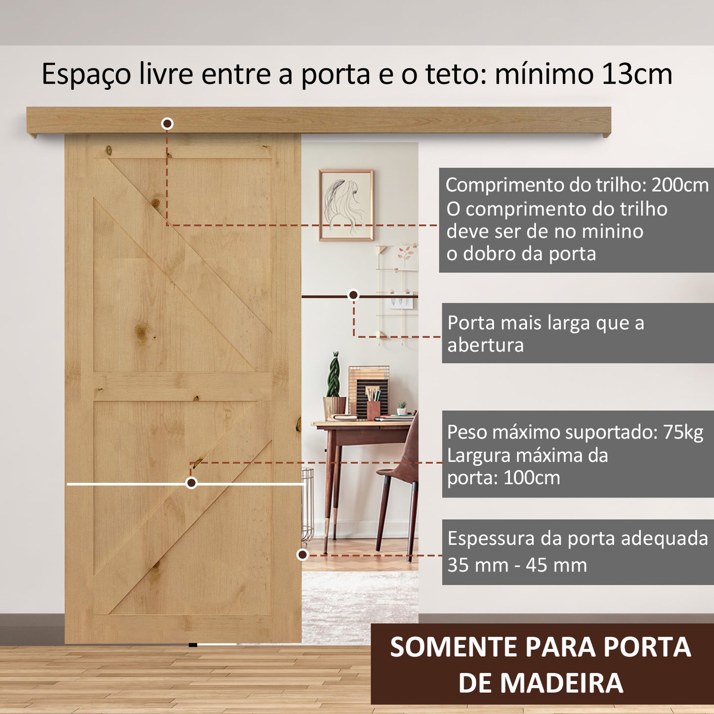 HOMCOM Ferragens para Porta de Correr 200 cm Kit de Ferragens Trilho de Madeira e Acessórios de Liga de Alumínio Marrom