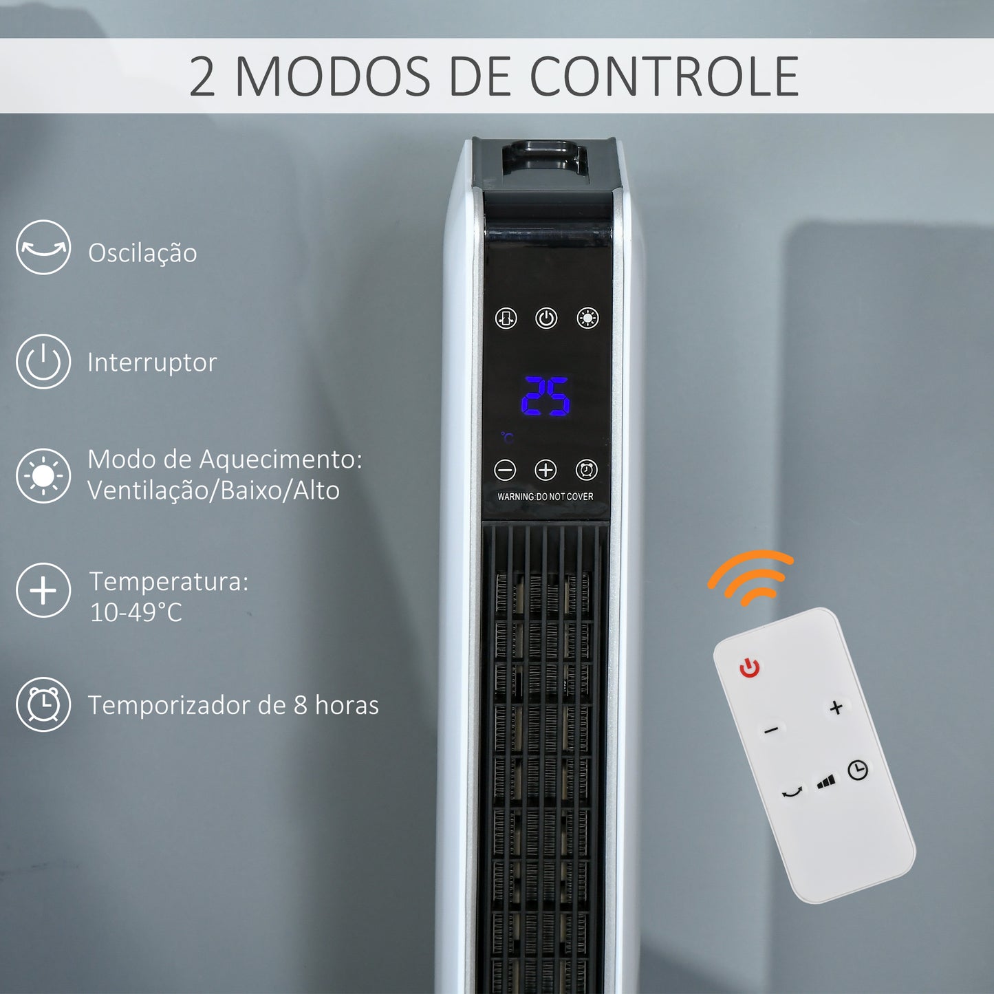 HOMCOM Aquecedor Cerâmico de Torre 1000/2000W com Controle Remoto Tela LED 3 Modos de Aquecimento Termostato Temporizador e Oscilação 65° para 25m² 21x21x73cm Branco