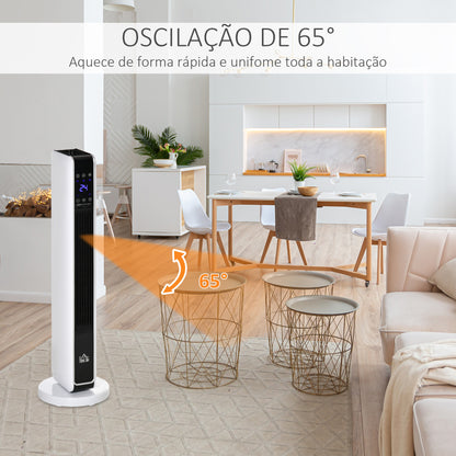 HOMCOM Aquecedor Cerâmico de Torre 1000/2000W com Controle Remoto Tela LED 3 Modos de Aquecimento Termostato Temporizador e Oscilação 65° para 25m² 21x21x73cm Branco