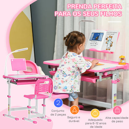 HOMCOM Conjunto de Secretária e Mesa para Crianças acima de 6 Anos Secretária Infantil com Altura Ajustável Mesa Inclinável Lâmpada Gaveta e Prateleira para Livros Rosa