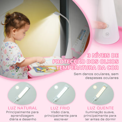 HOMCOM Conjunto de Secretária e Mesa para Crianças acima de 6 Anos Secretária Infantil com Altura Ajustável Mesa Inclinável Lâmpada Gaveta e Prateleira para Livros Rosa