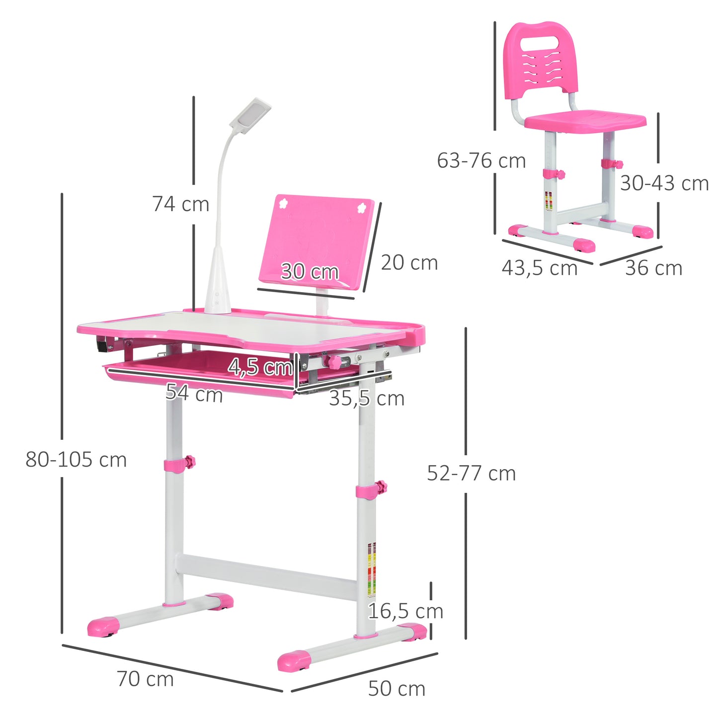 HOMCOM Conjunto de Secretária e Mesa para Crianças acima de 6 Anos Secretária Infantil com Altura Ajustável Mesa Inclinável Lâmpada Gaveta e Prateleira para Livros Rosa