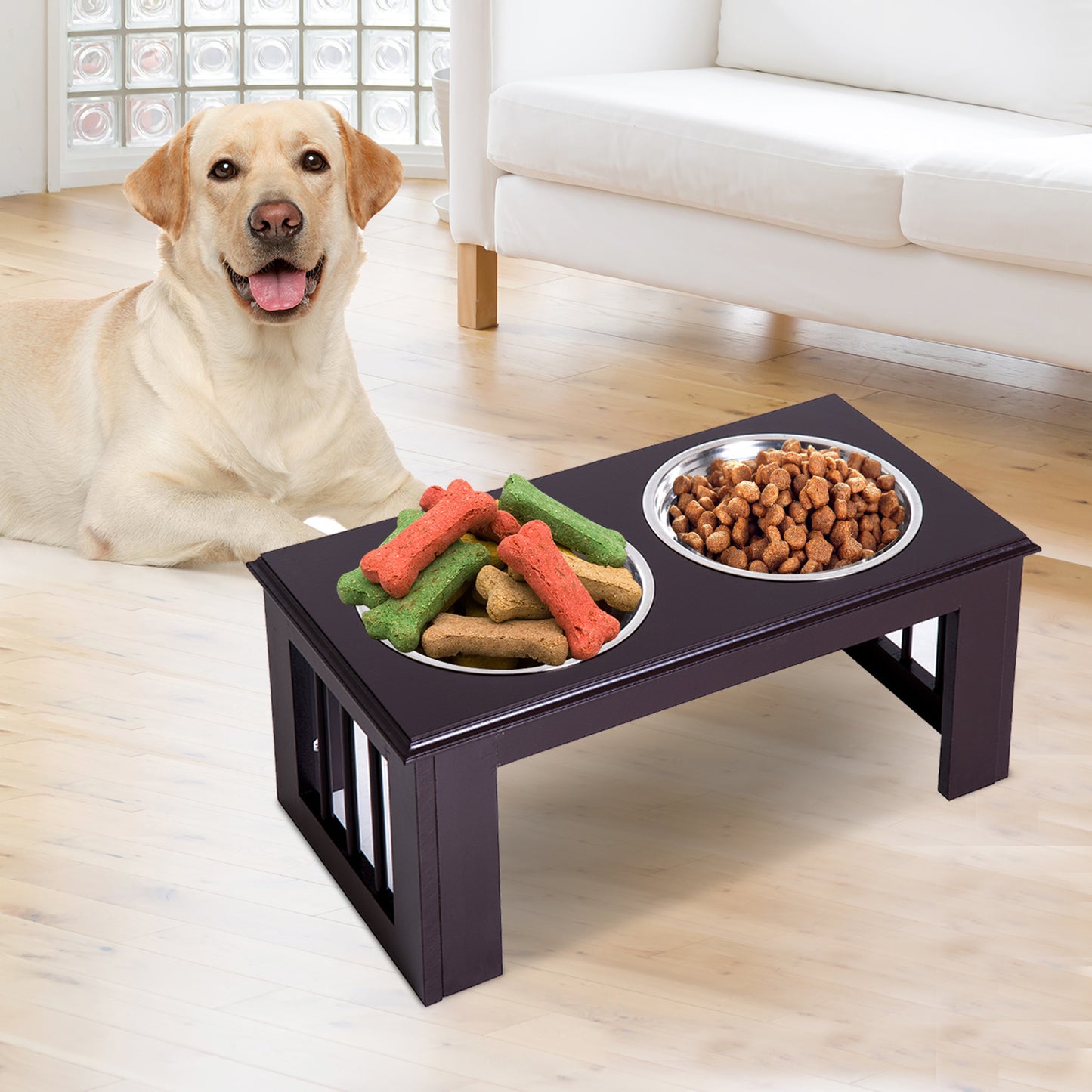 PawHut Comedouro Elevado para Cães com Suporte e 2 Tigelas Amovíveis de Aço Inoxidável Alimentador para Animais de Estimação 58,4x30,5x25,4 cm Marrom