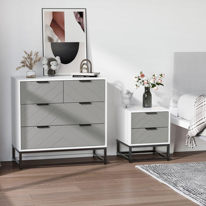 HOMCOM Mesa de cabeceira Mesa lateral com 2 gavetas e base elevada de metal Estilo moderno e minimalista 39,5x40x48 cm Branco e cinza