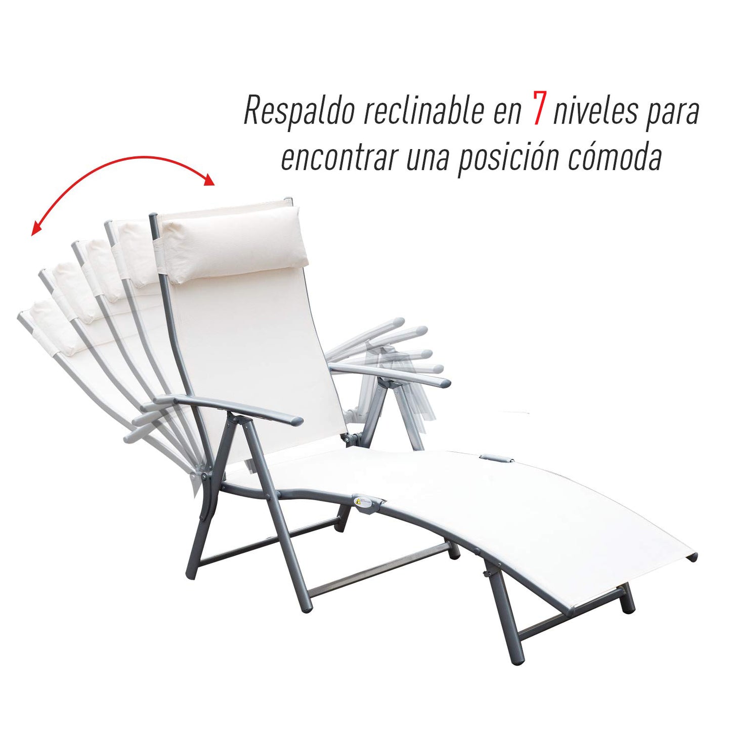 Outsunny Espreguiçadeira Dobrável de Jardim com Encosto Ajustável em 7 Posições Apoio para a Cabeça para Terraço Piscina Exterior Carga Máxima 165kg 137x63,5x100,5cm Creme