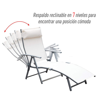 Outsunny Espreguiçadeira Dobrável de Jardim com Encosto Ajustável em 7 Posições Apoio para a Cabeça para Terraço Piscina Exterior Carga Máxima 165kg 137x63,5x100,5cm Creme