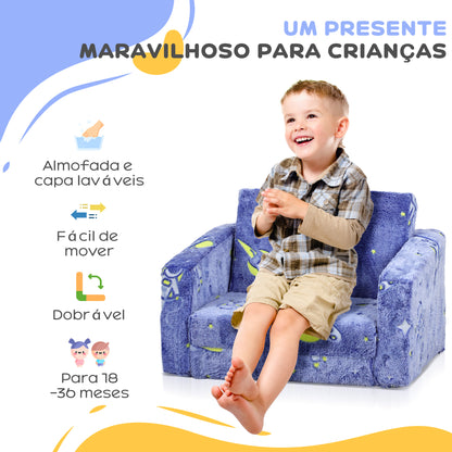 AIYAPLAY Poltrona para Crianças Dobrável Sofá Infantil Reclinável 2 em 1 Sofá para Crianças Estofado em Tecido Luminoso com Desenho Espacial e Capa Lavável para Dormitório Sala de Estar Azul