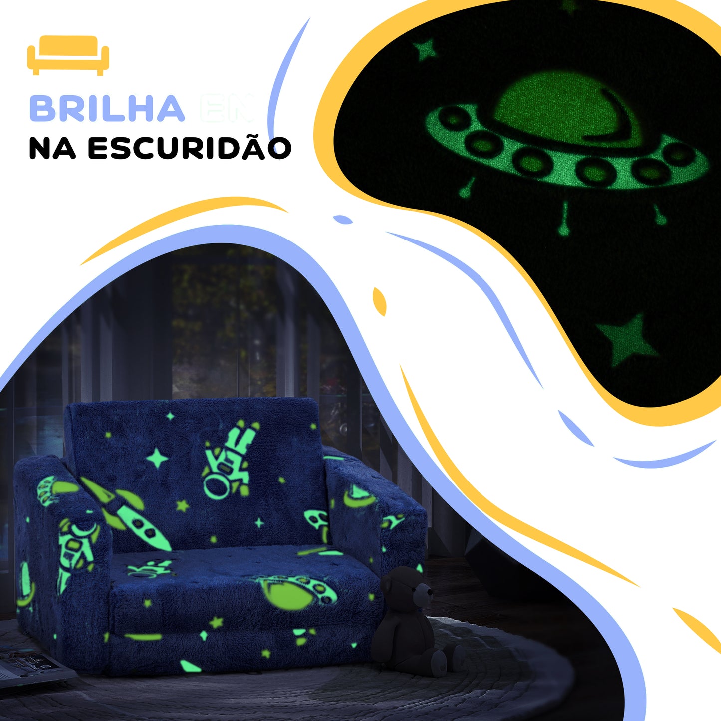 AIYAPLAY Poltrona para Crianças Dobrável Sofá Infantil Reclinável 2 em 1 Sofá para Crianças Estofado em Tecido Luminoso com Desenho Espacial e Capa Lavável para Dormitório Sala de Estar Azul