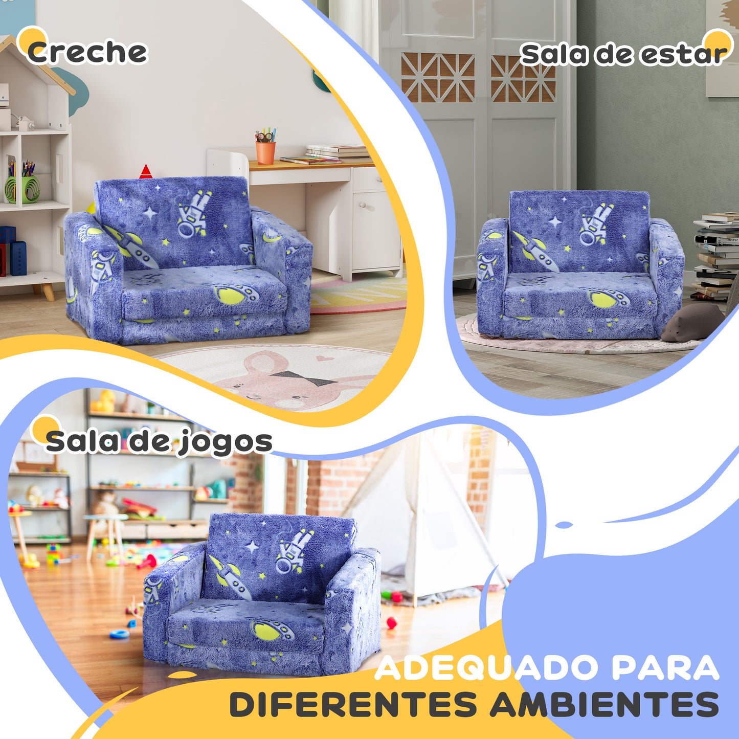 AIYAPLAY Poltrona para Crianças Dobrável Sofá Infantil Reclinável 2 em 1 Sofá para Crianças Estofado em Tecido Luminoso com Desenho Espacial e Capa Lavável para Dormitório Sala de Estar Azul