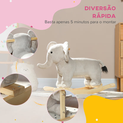 AIYAPLAY Cavalo Baloiço para Crianças de 2-4 Anos Cavalo de Brincar em Forma de Elefante com Som Guiador e Base de Madeira Carga 40 kg 64,5x31x52 cm Cinzento