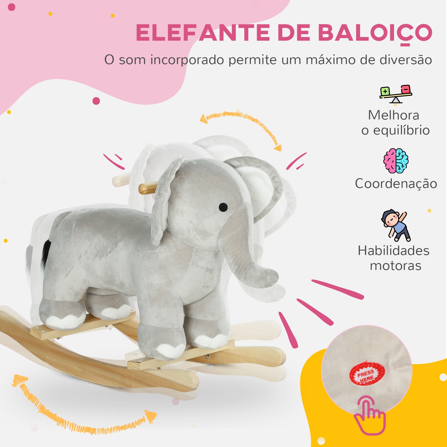 AIYAPLAY Cavalo Baloiço para Crianças de 2-4 Anos Cavalo de Brincar em Forma de Elefante com Som Guiador e Base de Madeira Carga 40 kg 64,5x31x52 cm Cinzento