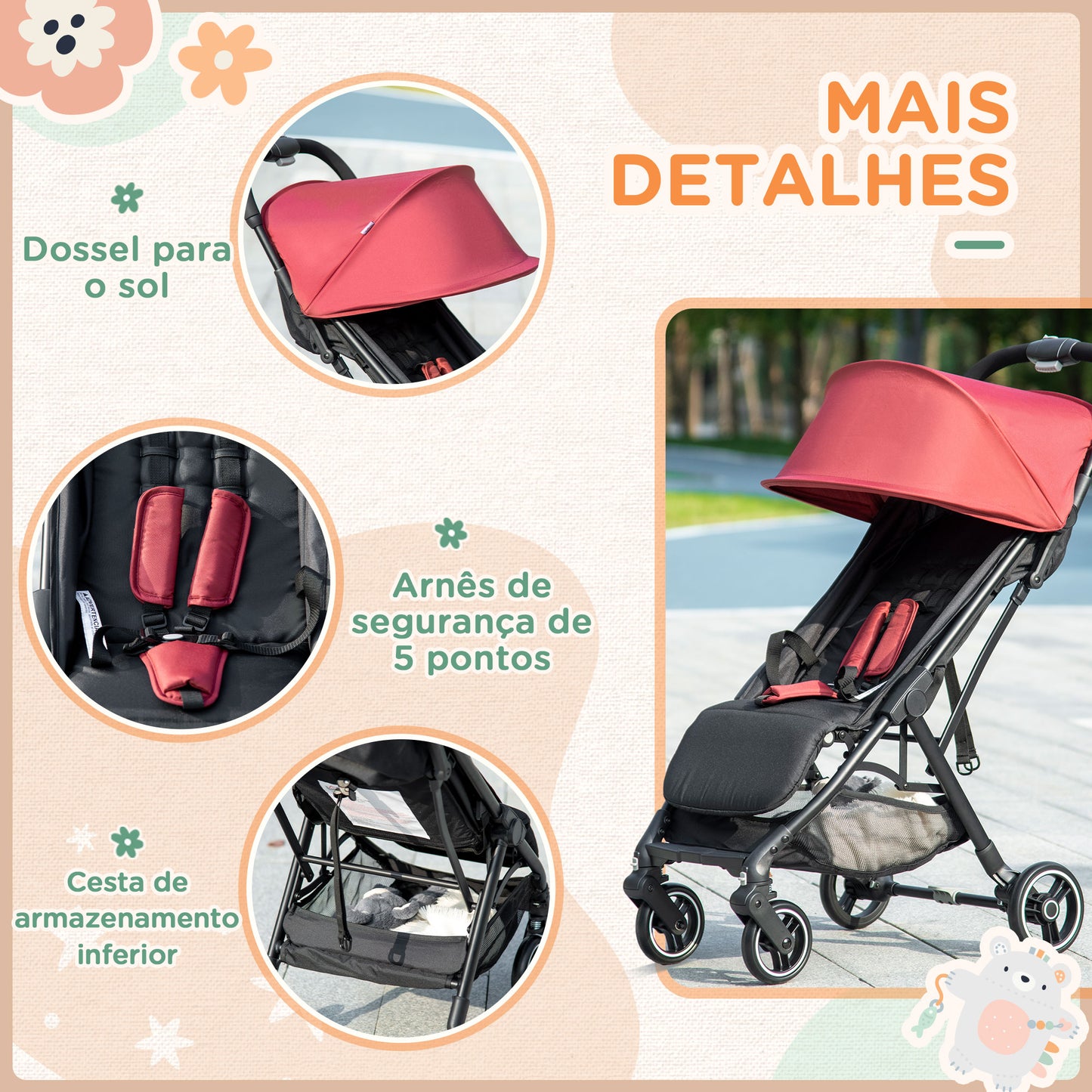 HOMCOM Carrinho de Bebé Dobrável Carrinho de Bebé de 0-36 Meses Carga 15kg com Encosto Reclinável Apoio para os Pés Ajustável e Estrutura de Alumínio 82x51x102cm Vermelho