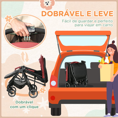 HOMCOM Carrinho de Bebé Dobrável Carrinho de Bebé de 0-36 Meses Carga 15kg com Encosto Reclinável Apoio para os Pés Ajustável e Estrutura de Alumínio 82x51x102cm Vermelho