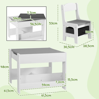 Conjunto de Mesa e 2 Cadeiras Infantis Mesa com Cadeiras para Crianças 2 em 1 com Ardósia Gavetas de Tecido e Espaço de Armazenamento para Quarto Sala de Jogos Cinza