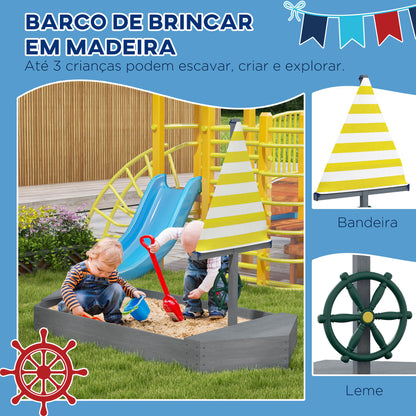 Outsunny Caixa de Areia para Crianças de Madeira Caixa de Areia Infantil com Bandeira e Leme em Forma de Veleiro para Pátio Jardim 190x90x138 cm Cinza Escuro