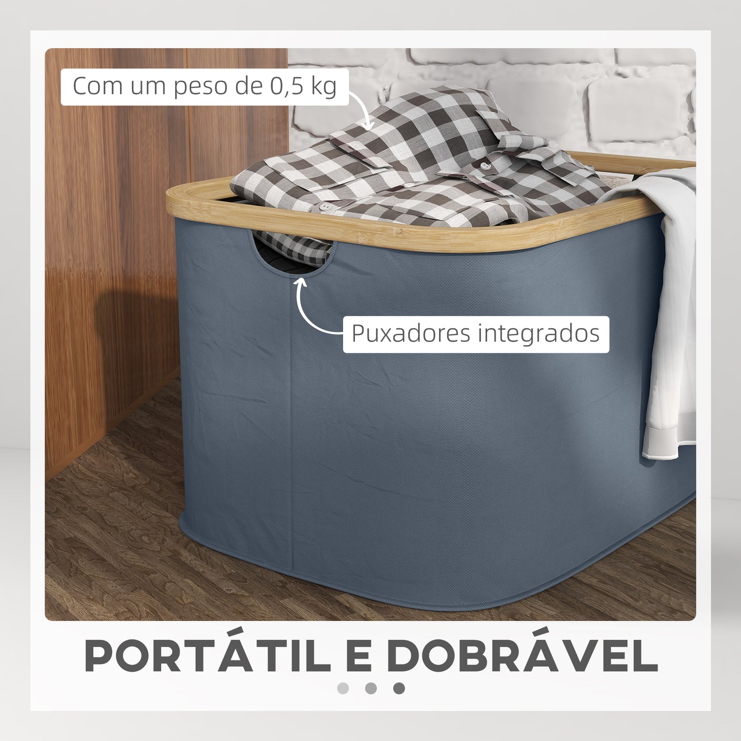 HOMCOM Cesto para Roupa Dobrável Cesto para Roupa Suja 36 L com Pega para Casa de Banho Dormitório Lavandaria 44,3x33,3x26,5 cm Cinza