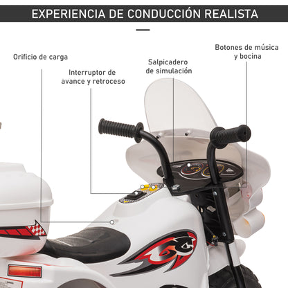 HOMCOM Mota Elétrica para Crianças de 18-36 Meses Motocicleta Infantil com 3 Rodas e Bateria 6V com Música Buzina Farol Baú 80x35x54cm Branco