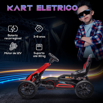 HOMCOM Go Kart Carro Elétrico para Crianças de 3 a 8 Anos Kart a Bateria 12V Velocidade Ajustável 3-5 km/h e Cinto de Segurança Carga 30 kg para Exterior 100x58x58,5 cm Vermelho