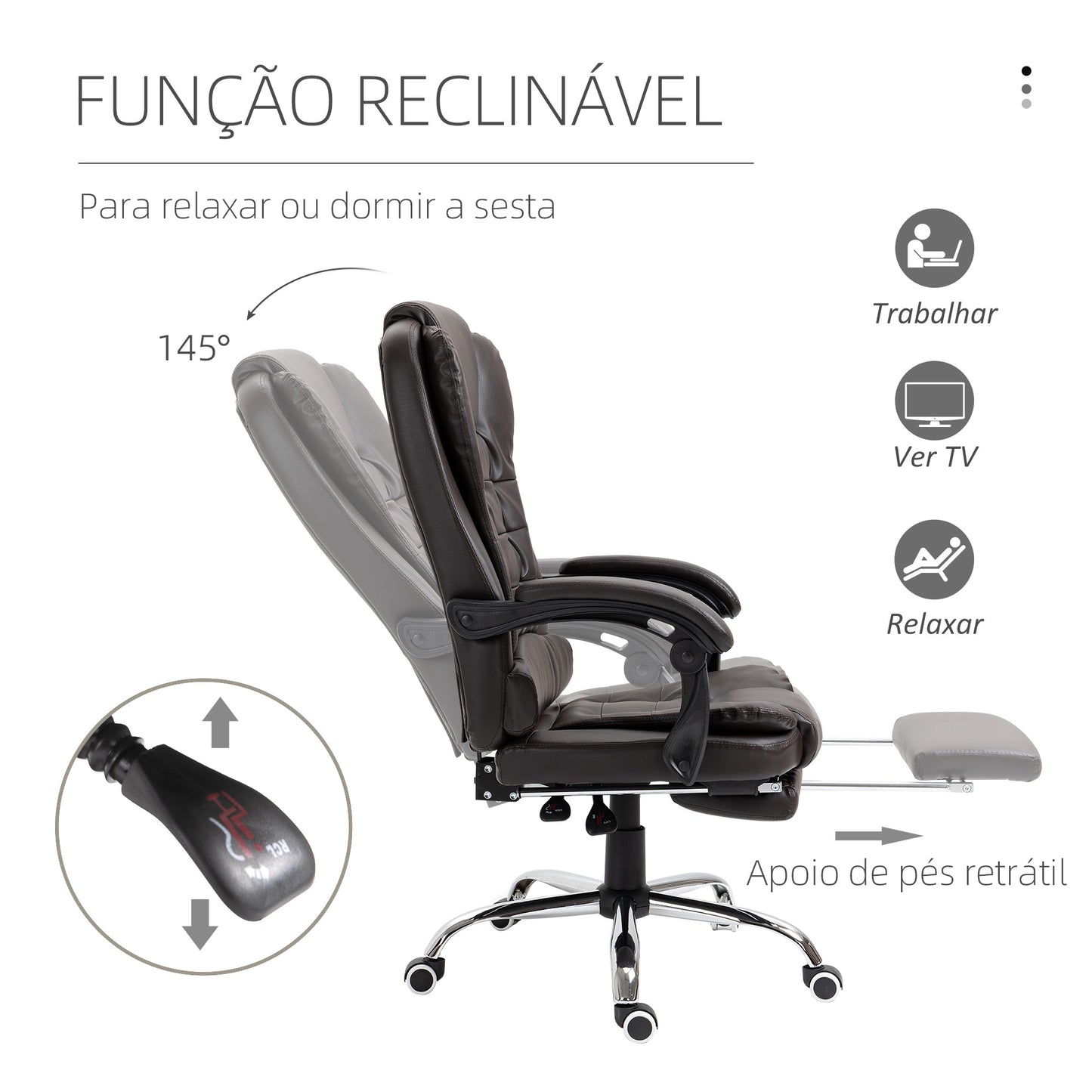 Cadeira de Escritório Reclinável Cadeira de Escritório com Apoio para os Pés Cadeira Executiva Giratória com Altura Ajustável Estofada em PU e Apoio para os Braços 64,5x69x109-117 cm Marrom