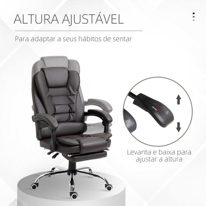 Cadeira de Escritório Reclinável Cadeira de Escritório com Apoio para os Pés Cadeira Executiva Giratória com Altura Ajustável Estofada em PU e Apoio para os Braços 64,5x69x109-117 cm Marrom