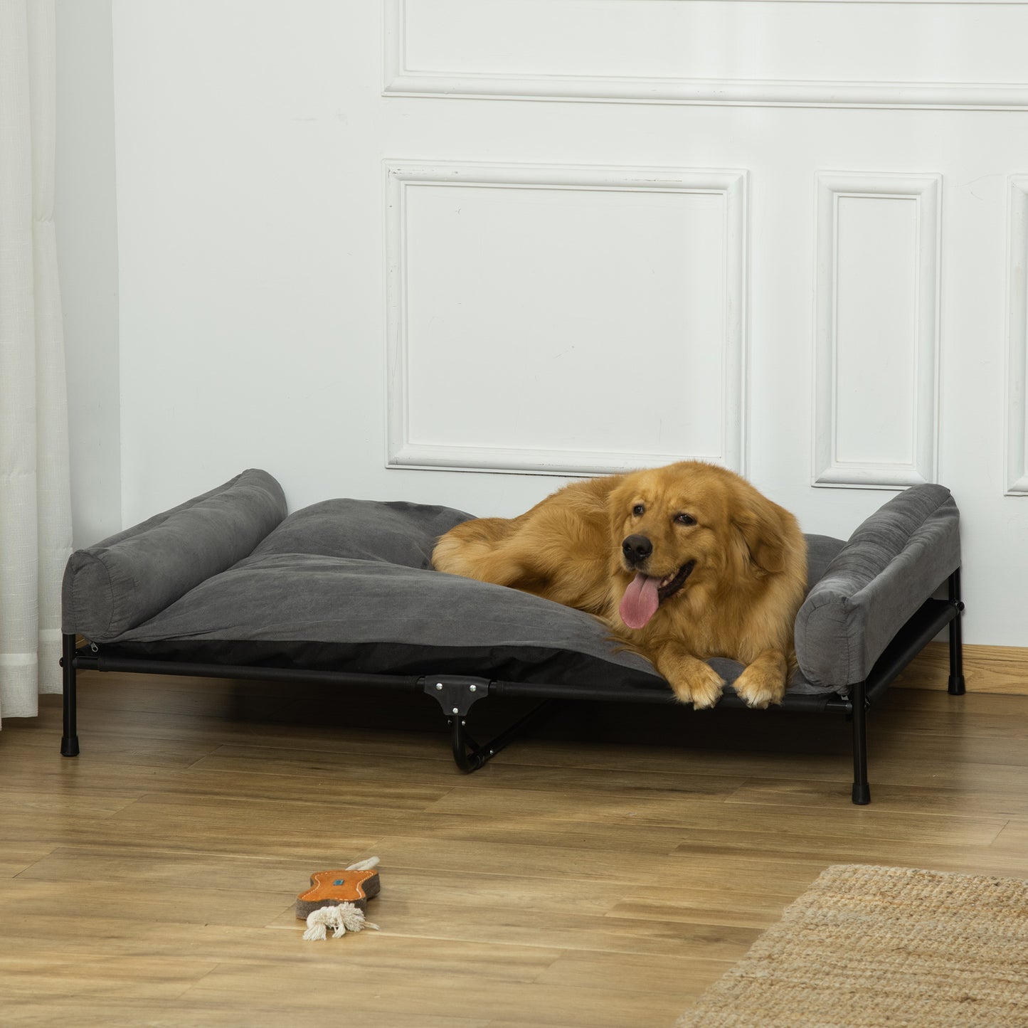 PawHut Sofá para Cães Gatos Cama para Animais de Estimação Médios e Grandes com Almofada Removível Lavável e Pés Elevados de Aço 120x80x30cm Cinza e Preto