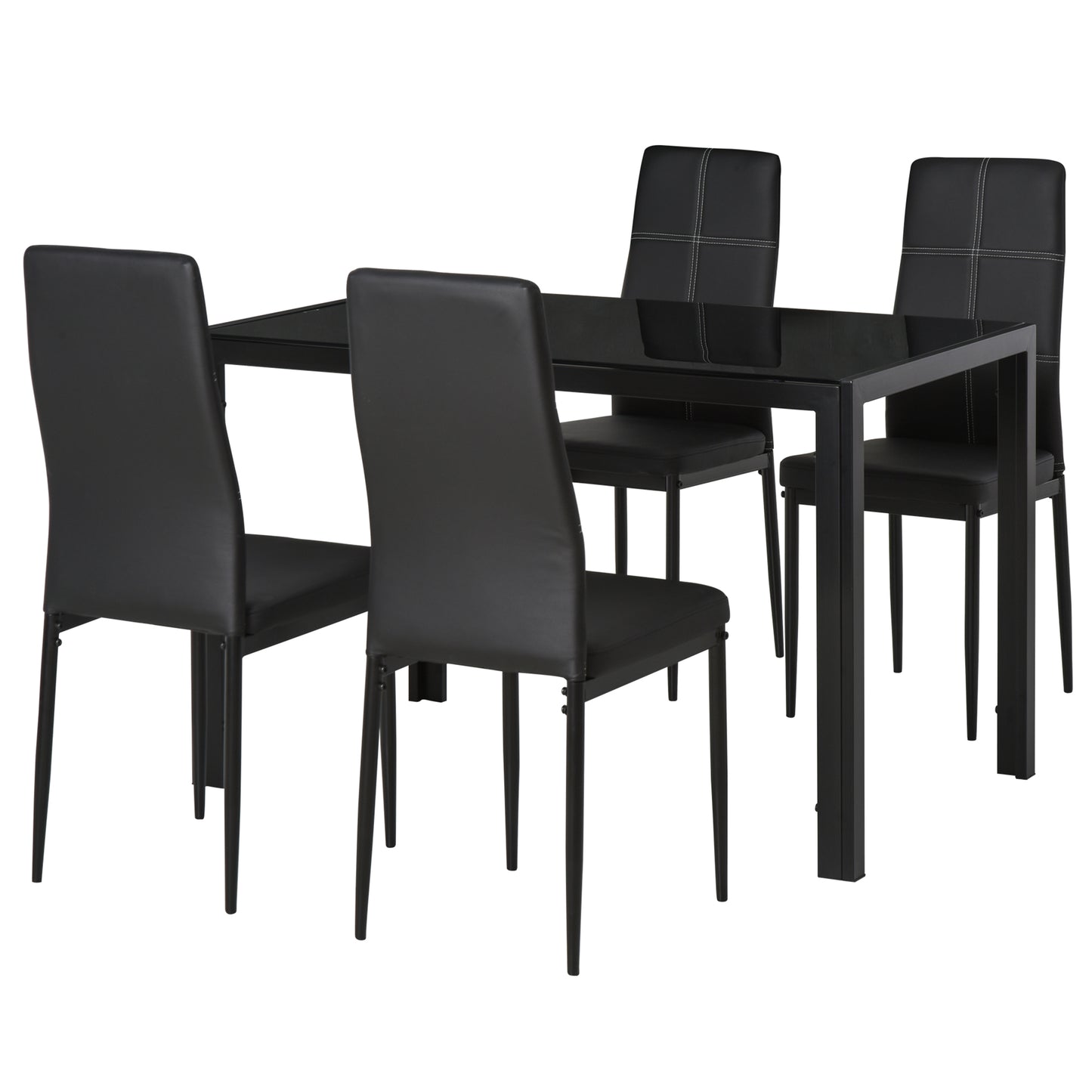 Conjunto de Refeição Mesa e 4 Cadeiras Conjunto de 5 Peças de Móveis de Cozinha Mesa Retangular de Vidro Temperado e Cadeiras Estofadas em PU com Pés de Metal Preto