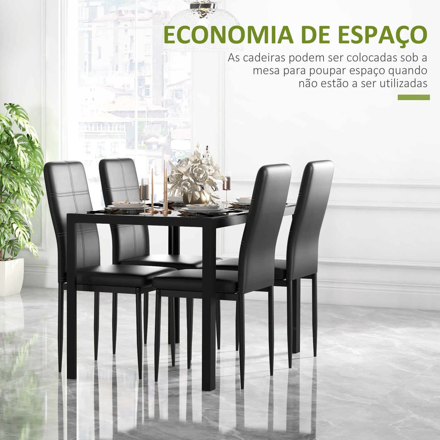 Conjunto de Refeição Mesa e 4 Cadeiras Conjunto de 5 Peças de Móveis de Cozinha Mesa Retangular de Vidro Temperado e Cadeiras Estofadas em PU com Pés de Metal Preto