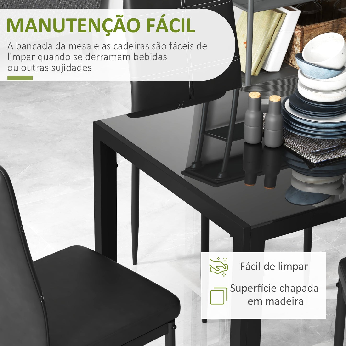 Conjunto de Refeição Mesa e 4 Cadeiras Conjunto de 5 Peças de Móveis de Cozinha Mesa Retangular de Vidro Temperado e Cadeiras Estofadas em PU com Pés de Metal Preto