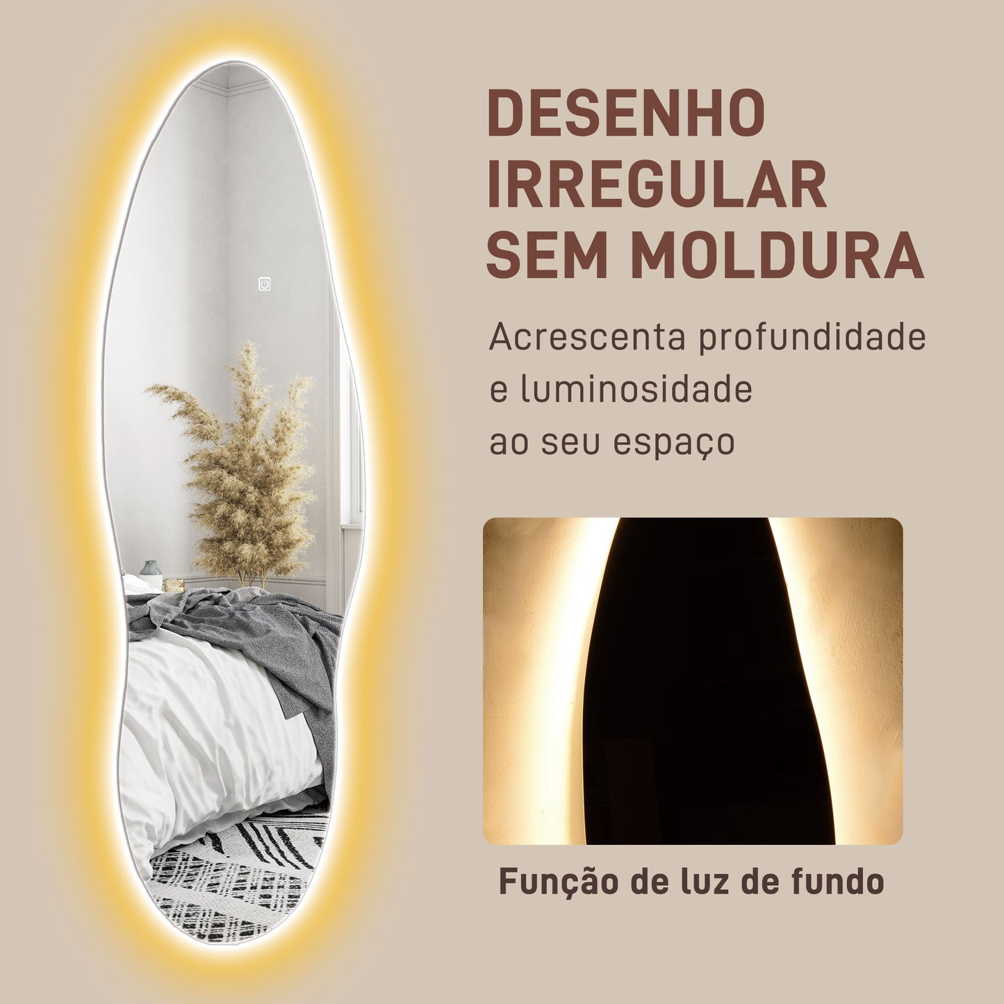 HOMCOM Espelho de Pé com Luzes LED 40x120 cm Espelho de Parede sem Moldura com Iluminação em 3 Cores Função de Memória e Controlo Tátil Transparente