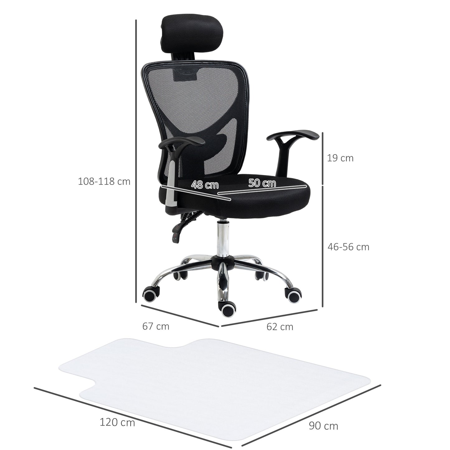 HOMCOM Conjunto de Escritório Inclui 1 Cadeira de Escritório Reclinável com Altura Ajustável 62x67x108-118 cm e 1 Tapete Protetor de Chão 90x120 cm Preto e Transparente