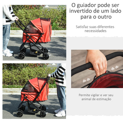 PawHut Carrinho para Animais de Estimação Dobrável Carro para Cães e Gatos com Capô Ajustável Cesta de Armazenamento Cinto de Segurança Tecido Oxford 600D Aço 76,5x52x95cm Vermelho