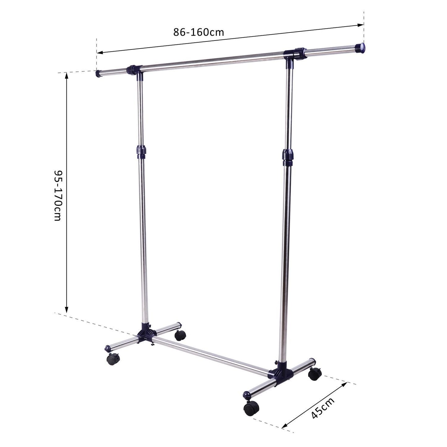 Charriot com Altura Ajustável Cabideiro com Rodas para Roupas Aço Inoxidável 86-160x45x95-170cm Prata e Preto