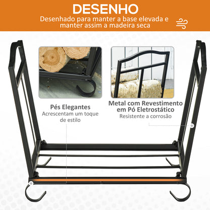 Outsunny Suporte para Lenha Dobrável Porta Lenha Interior e Exterior Metálico com Grade e Base Elevada Carga Máxima 50kg 48x34x37cm Preto